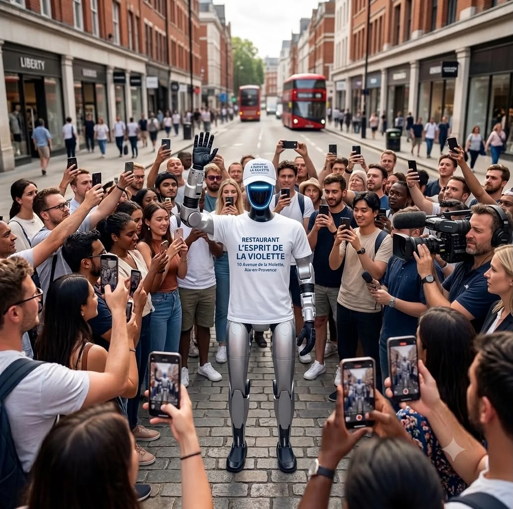 TOM, robot humanoïde, marche dans une rue commerçante entouré d'une foule qui le filme
